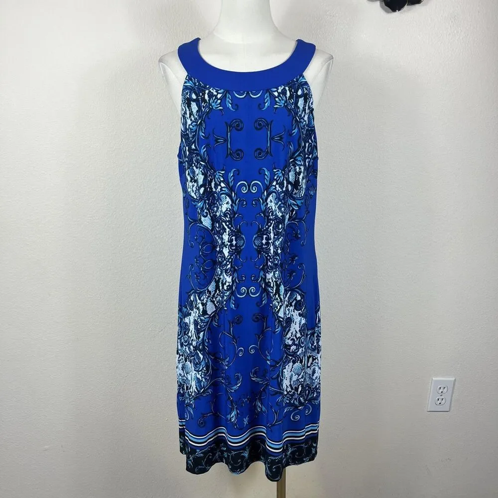 Sangria Dress Womens Large Blue Graphic Halter Shift Knee Length Party Cocktail - Picture 1 of 6